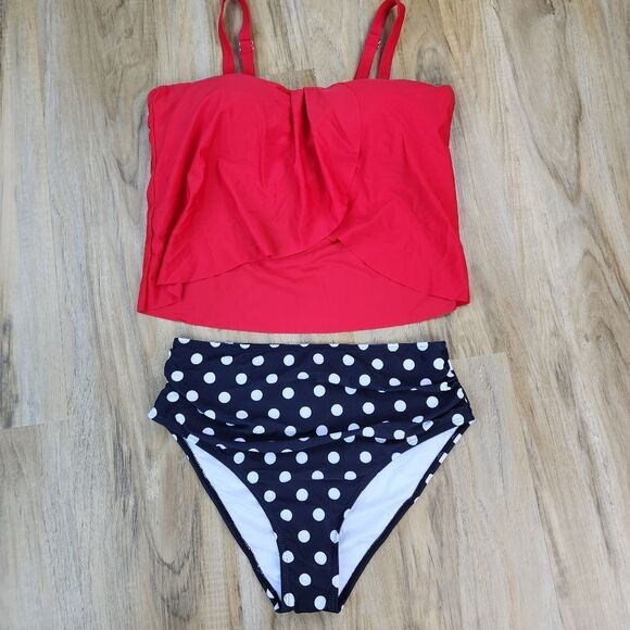 ⏭️NWT Red & Black w/White Polka Dot Retro Style Bikini Set Medium - Picture 6 of 13